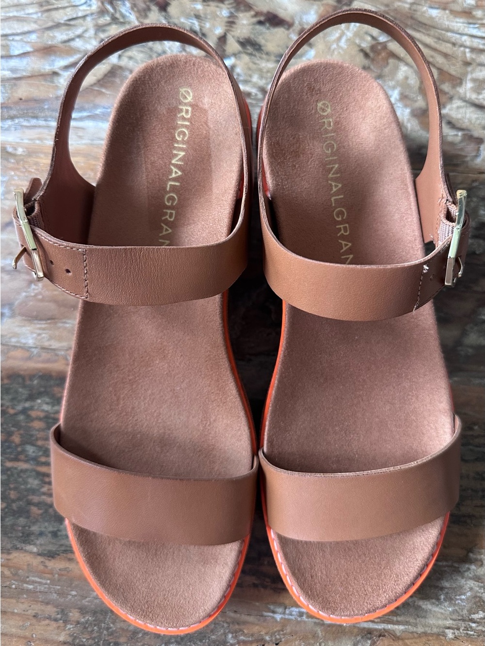 Cole Haan  Leather OriginalGrand Flatform Wedge Sandal Pecan Leather Nylon Wedge